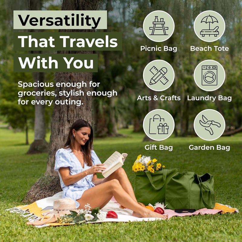 VeraMia Canvas Grocery Bag 3pc XL Set with Real Pockets, Long Shoulder Strap and Short Handle. Heavy Duty, Foldable, Washable - Image 5